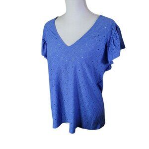 Michael Kors Eyelet Lace Ruffle Short Sleeve‎ Blue Womens Large V Neck Floral